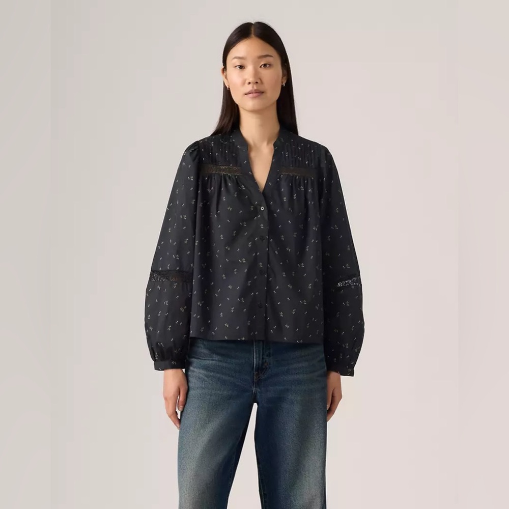 Levi’s MADELINE LONG-SLEEVE BLOUSE; Medium; Black Floral Peasant Blouse